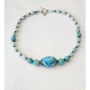 Sterling Silver Larimar Beaded Necklace With Large Center Blown Glass Bead 18"